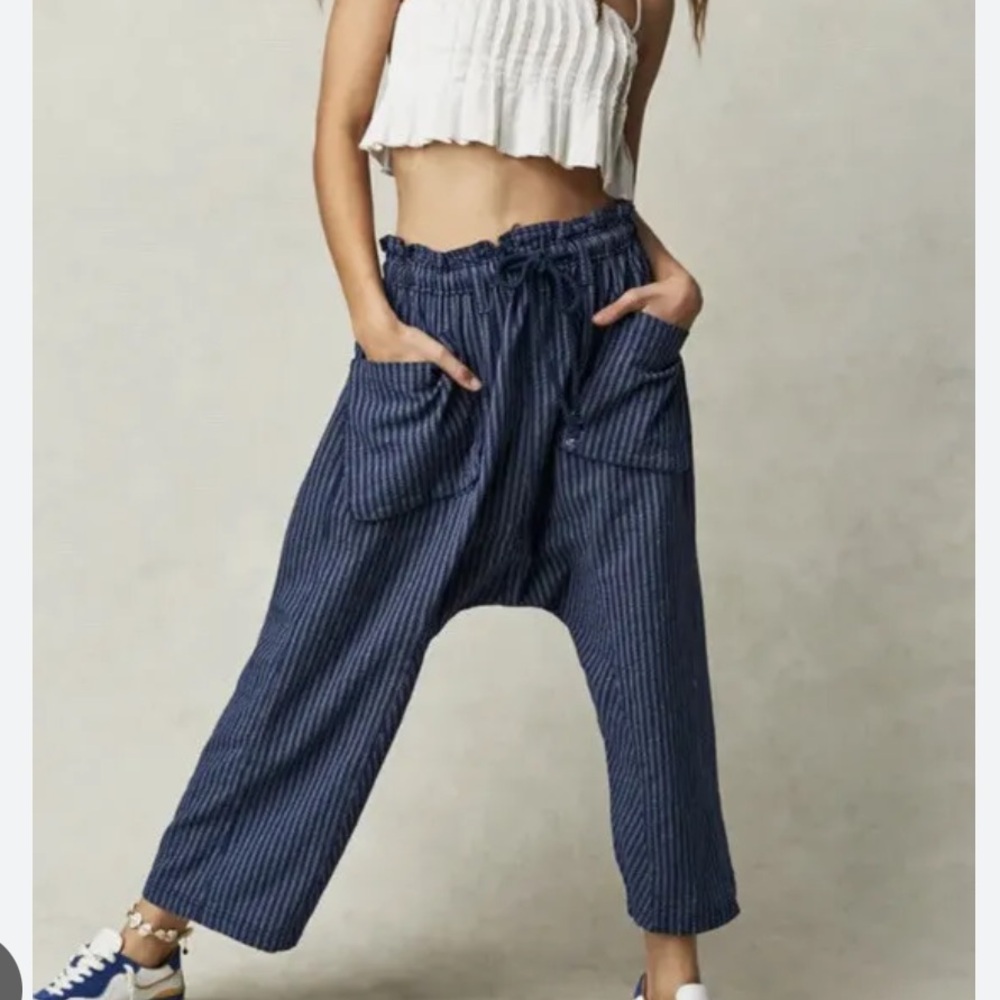 Free People Runyon Oversize Stripe Pant Harem Blue Drawstring